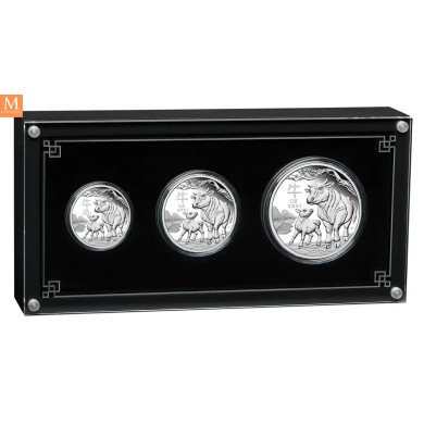 Australia 2021 3,5 oz Sølv Lunar Serie 3 Year of the Ox Proof Three-Coin Set M/Etui & COA