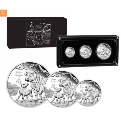 Australia 2021 3,5 oz Sølv Lunar Serie 3 Year of the Ox Proof Three-Coin Set M/Etui & COA