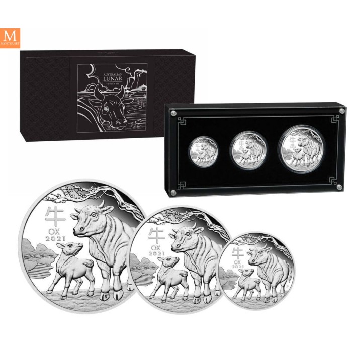 Australia 2021 3,5 oz Sølv Lunar Serie 3 Year of the Ox Proof Three-Coin Set M/Etui & COA