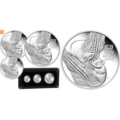Australia 2020 3,5 oz Sølv Lunar Serie 3 Year of the Mouse Proof Three-Coin Set M/Etui & COA