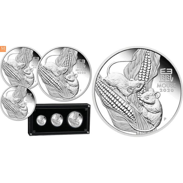 Australia 2020 3,5 oz Sølv Lunar Serie 3 Year of the Mouse Proof Three-Coin Set M/Etui & COA