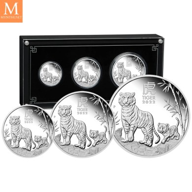 Australia 2022 3,5 oz Sølv Lunar Serie 3 Year of the Tiger Proof Three-Coin Set M/Etui & COA