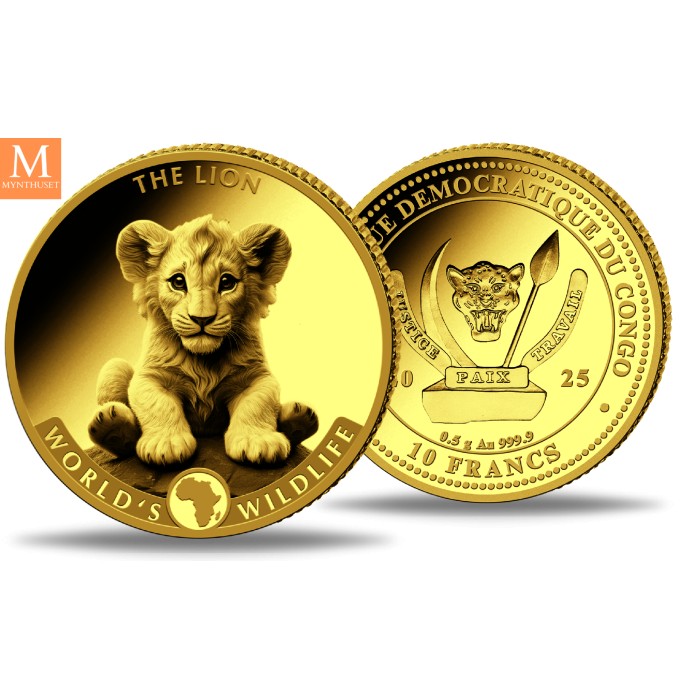 Kongo 2025 THE LION 0,5 gram gull 9999 WILDLIFE SERIEN I KVALITET BU M/KAPSEL
