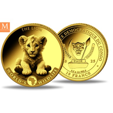 Kongo 2025 THE LION 0,5 gram gull 9999 WILDLIFE SERIEN I KVALITET BU M/KAPSEL