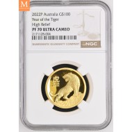 SJELDEN! Australia 2022 YEAR OF THE TIGER 1 OZ  GULL LUNAR SERIE 3 KVALITET PROOF HIGH RELIEF NGC PF70