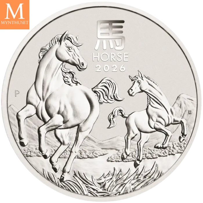 LUNAR PÅ LAGER! Australia 2026 2 oz SØLV Lunar S3 Year of the Horse BU M/Kapsel