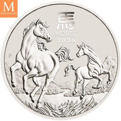 LUNAR PÅ LAGER! Australia 2026 2 oz SØLV Lunar S3 Year of the Horse BU M/Kapsel