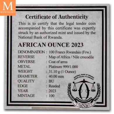 2023 Rwanda 1 oz Platina African Nile Crocodile BU med skrin