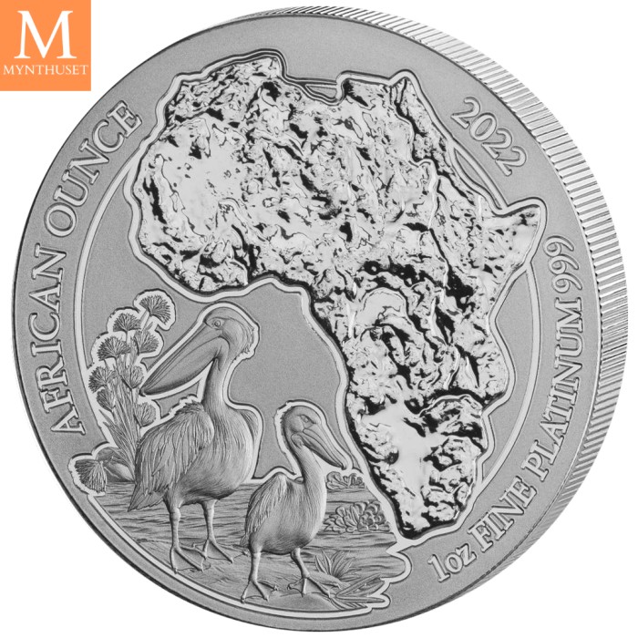 2022 Rwanda 1 oz Platina African Nile Pelikan BU med skrin
