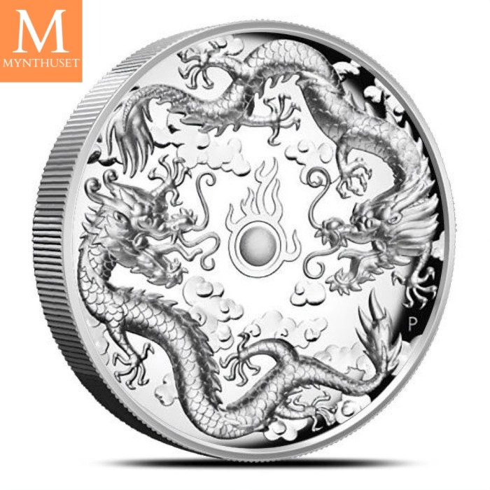 2019 Australia 2 oz Sølv Double Dragon high relief 9999 proof med skrin og ekthetsbevis