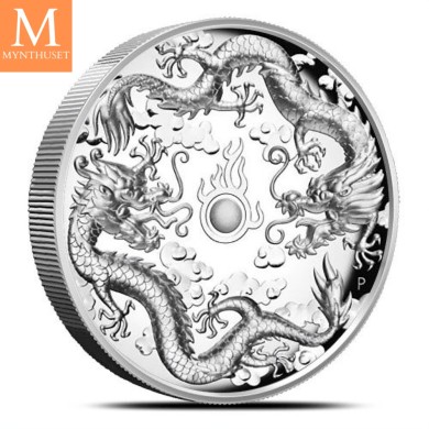 2019 Australia 2 oz Sølv Double Dragon high relief 9999 proof med skrin og ekthetsbevis