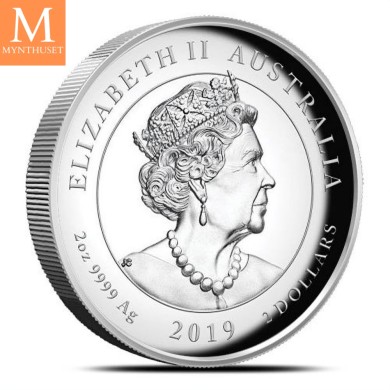 2019 Australia 2 oz Sølv Double Dragon high relief 9999 proof med skrin og ekthetsbevis