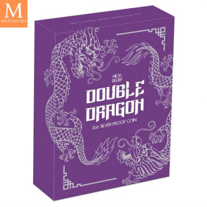 2019 Australia 2 oz Sølv Double Dragon high relief 9999 proof med skrin og ekthetsbevis