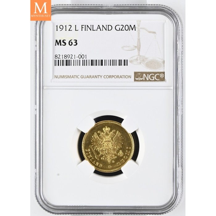 1912 L Finland/Russia 20 Markkaa NGC MS63 MEGET SJELDEN !