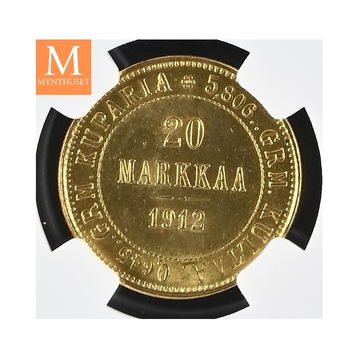1912 L Finland/Russia 20 Markkaa NGC MS63 MEGET SJELDEN !