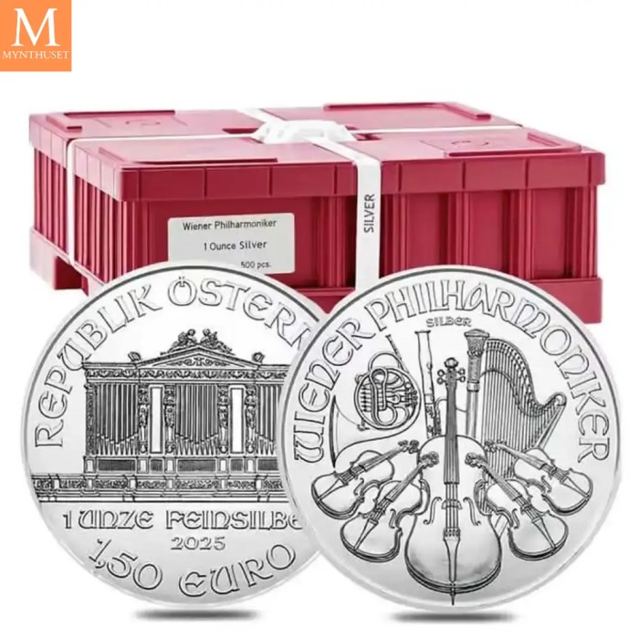 2025 MONSTERBOX 500 OZ Østerrike Sølv Philharmoniker 500 x 1 oz Monster Box (500 oz)