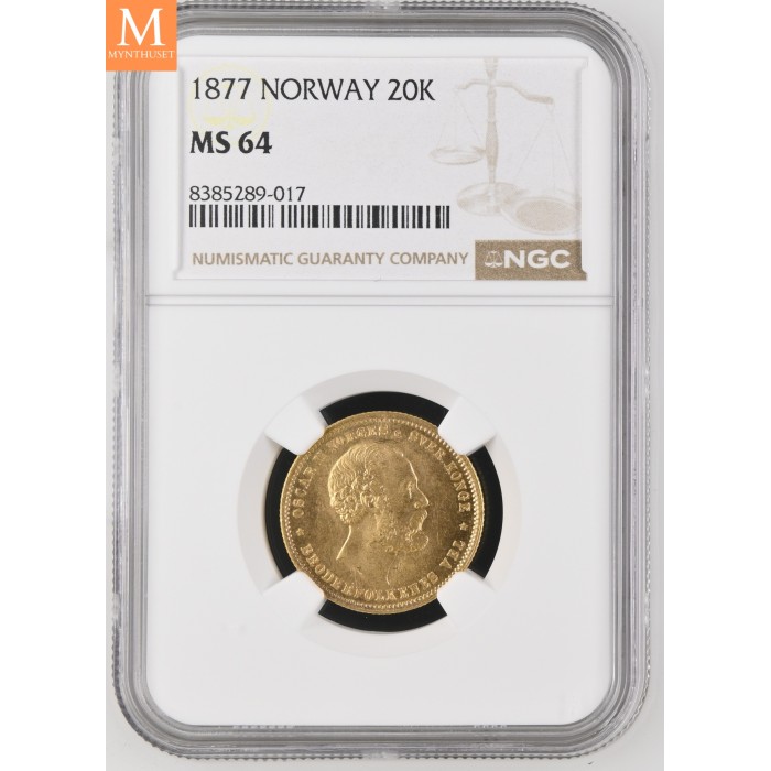 20 kroner 1877 kvalitet 0/01, NGC MS64