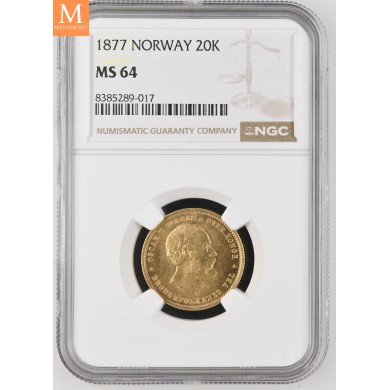 20 kroner 1877 kvalitet 0/01, NGC MS64