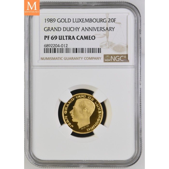 1989 LUXEMBOURG GRAND DUCHY ANNIVERSARY 20FRANCS 1/5 oz GULL NGC PF69