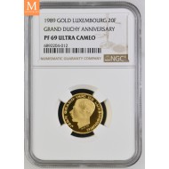 1989 LUXEMBOURG GRAND DUCHY ANNIVERSARY 20FRANCS 1/5 oz GULL NGC PF69