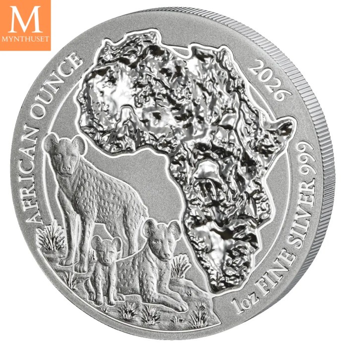 2026 Rwanda Africa Ounce Hyena 50 AMAFRANGA 1 Oz Sølv i kvalitet BU