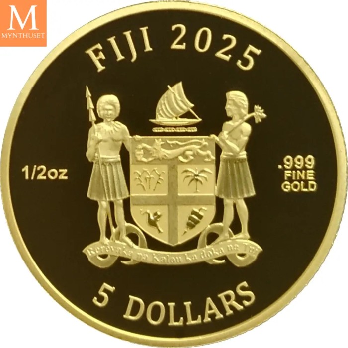 2025 Fiji CATS 5 dollar 1/2 OZ  GULL BU I KAPSEL og forseglet plast