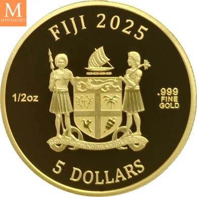 2025 Fiji CATS 5 dollar 1/2 OZ  GULL BU I KAPSEL og forseglet plast
