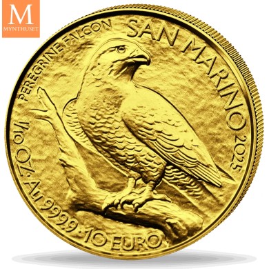 2025 San Marino Vandre falk 10 Euro 1/10 OZ  GULL BU I KAPSEL med originalt skrin