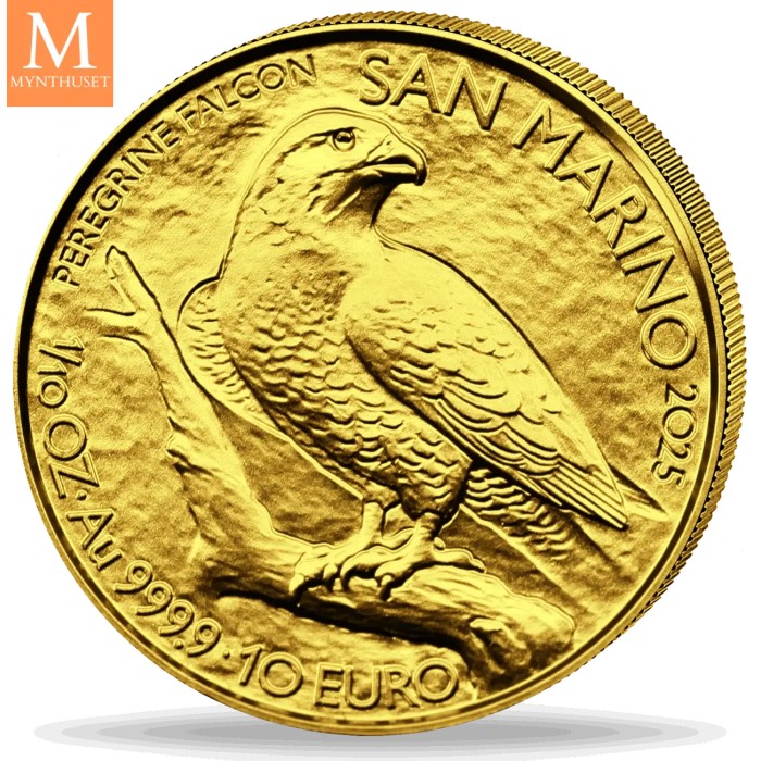 2025 San Marino Vandre falk 10 Euro 1/10 OZ  GULL BU I KAPSEL med originalt skrin