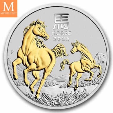 2026 Australia 1 oz Sølv Lunar S3 Year of the horse Gullforgylt i Kapsel, ekthetsbevis og skrin