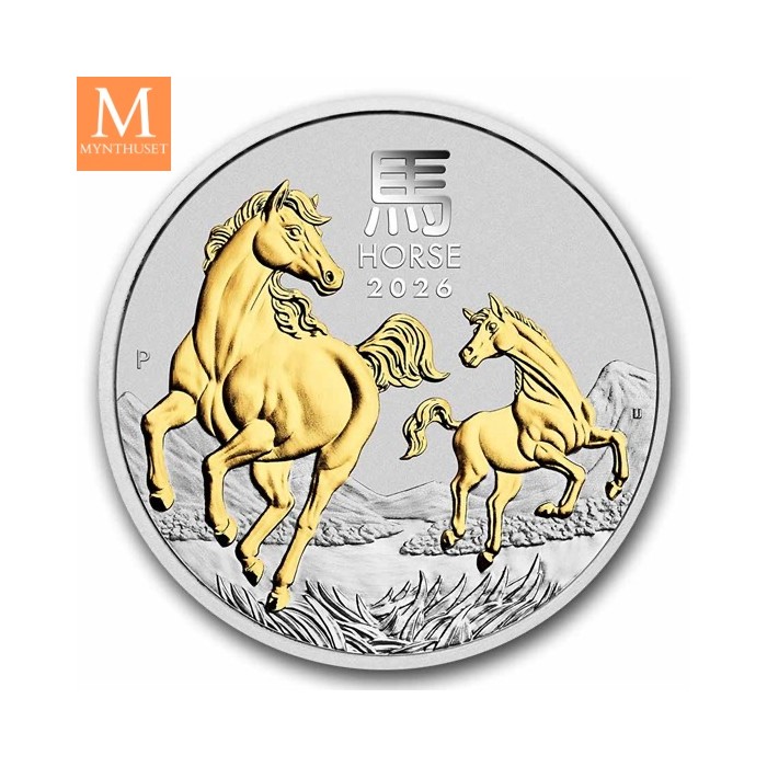 2026 Australia 1 oz Sølv Lunar S3 Year of the horse Gullforgylt i Kapsel, ekthetsbevis og skrin