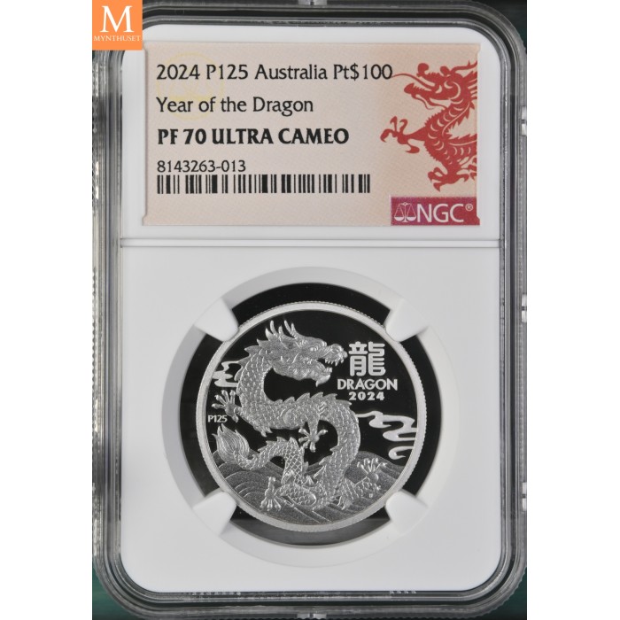 2024 Australia YEAR OF THE DRAGON 100 Dollar 1 OZ PLATINA  LUNAR SERIE 3  Kvalitet Proof OPPLAG KUN 188 NGC PF70 SJELDEN!