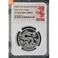 2024 Australia YEAR OF THE DRAGON 100 Dollar 1 OZ PLATINA  LUNAR SERIE 3  Kvalitet Proof OPPLAG KUN 188 NGC PF70 SJELDEN!