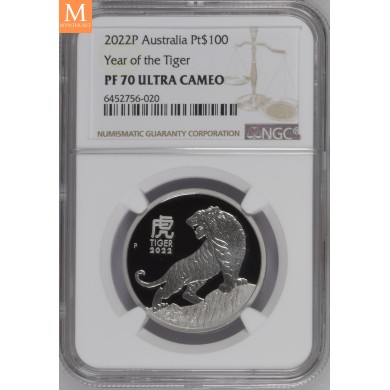 2022 Australia YEAR OF THE TIGER 100 dollar 1 OZ PLATINUM  LUNAR SERIE 3  Kvalitet Proof  NGC PF70 OPPLAG KUN 188