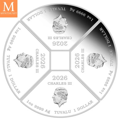 2026 Tuvalu YEAR OF THE HORSE 4 x 1 DOLLAR SETT MED KVADRANTFORMEDE MYNTER I KVALITET PROOF MED ESKE OG COA