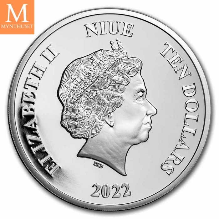 2022 Niue FLASH 10 DOLLAR 3 OZ sølv mynt i kvalitet BU i kapsel og skrin