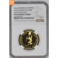 1991 OL Lillehammer 1500 kroner gullmynt NR1 Rødøymannen  i kvalitet Proof, 1/2 oz gull