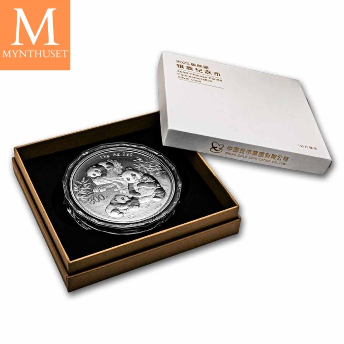 2025 China 1 kilo Sølv Panda kvalitet Proof (m ed Boks og ekthetsbevis)