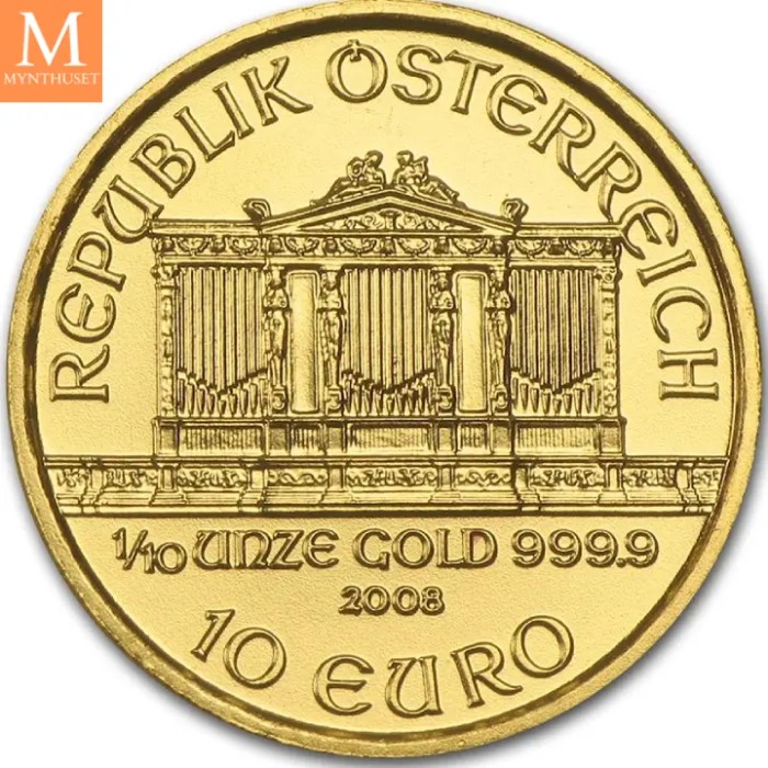 2008 Østerrike 1/10 oz Gull Philharmoniker BU i kapsel
