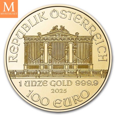 2025 TUBE med 10 stk 1 OZ Østerrike Gull Philharmonic Tube (10 mynter i kvalitet BU)