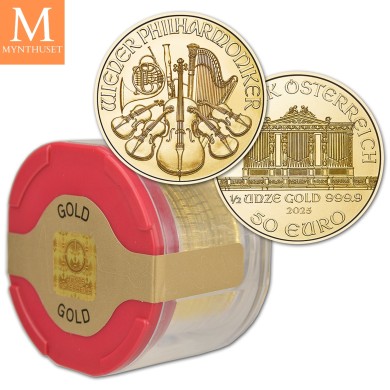 2025 TUBE med 10 stk 1 OZ Østerrike Gull Philharmonic Tube (10 mynter i kvalitet BU)