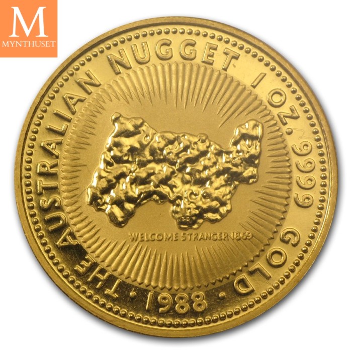 1988 Australia NUGGET "Welcome Stranger" 1 OZ GULL 9999 i KVALITET BU I KAPSEL