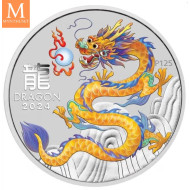2024 Australia 1/2 oz Sølv Lunar S3 Year of the Dragon Farget Yellow Dragon BU M/Kapsel