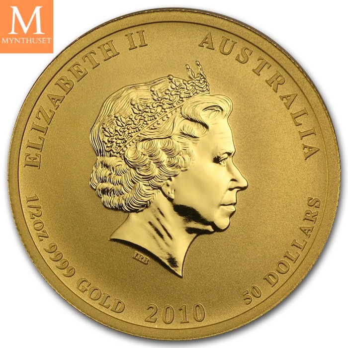 Australia 2010 1/2 oz Gull Lunar S2 Year of the Tiger kvalitet BU i kapsel LAVT OPPLAG