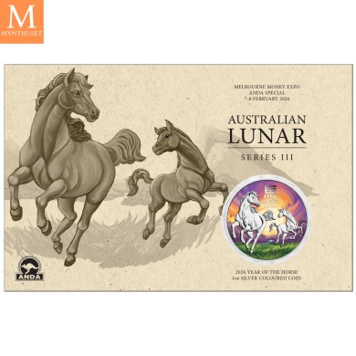 2026 Australia 1 oz FARGE Melbourne Money Expo ANDA Special sølv Lunar S3 Year of the Horse BU i produktkort