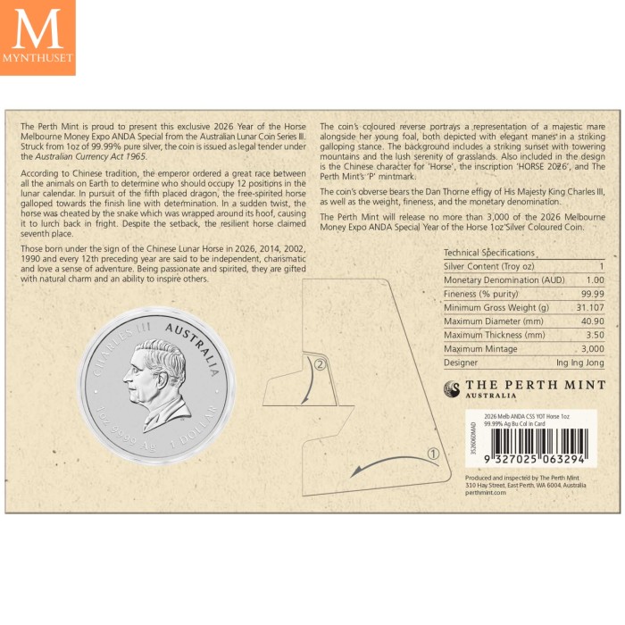 2026 Australia 1 oz FARGE Melbourne Money Expo ANDA Special sølv Lunar S3 Year of the Horse BU i produktkort