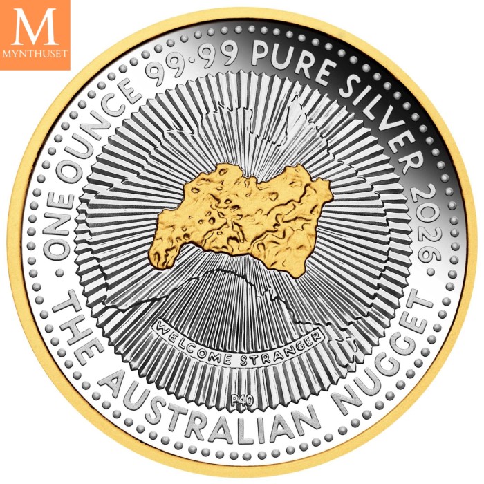2026 Australia NUGGET 40th Anniversary 1 OZ sølv Gilded 9999 i KVALITET PROFF i orginalt skrin med ekthetsbevis