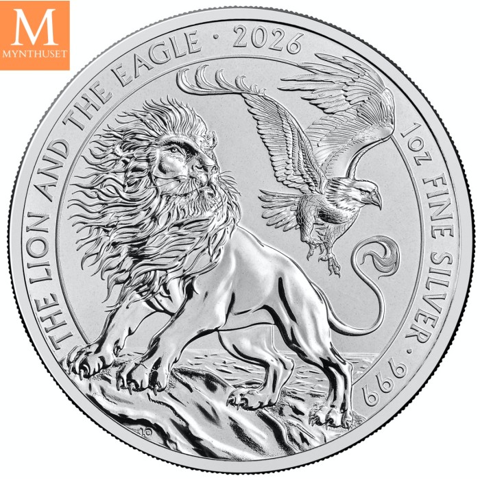 2026 Storbritannia 1 oz Sølv Lion and Eagle kvalitet BU i Kapsel