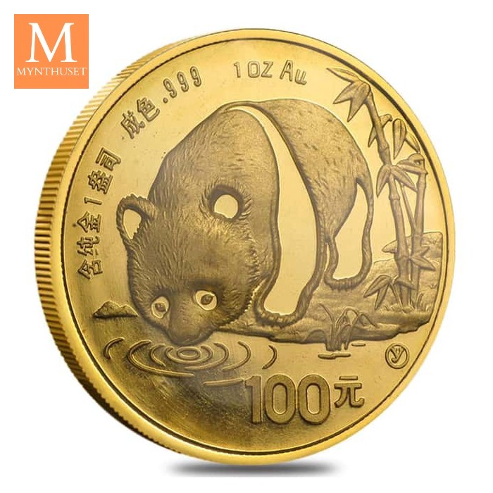 1987 Y China 1 oz Gold Panda BU med små anmerkninger i kapsel