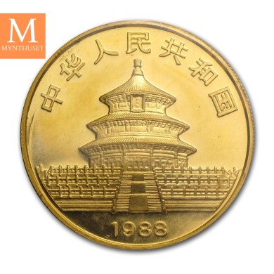 1988 China 1 oz Gold Panda BU med små anmerkninger i kapsel